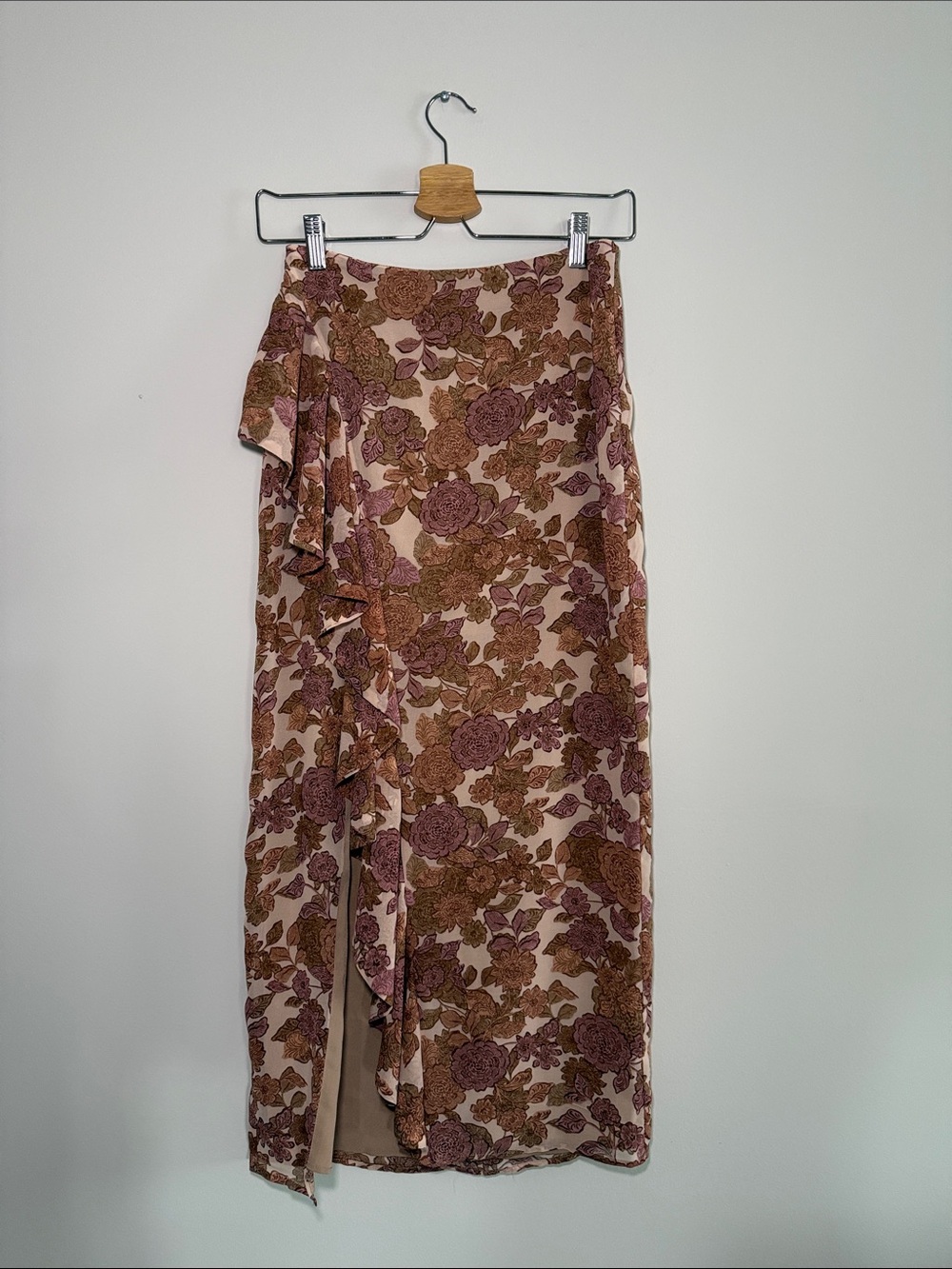 NWT Dynamite Slit Floral Ruffle Maxi Skirt - Pink & Brown